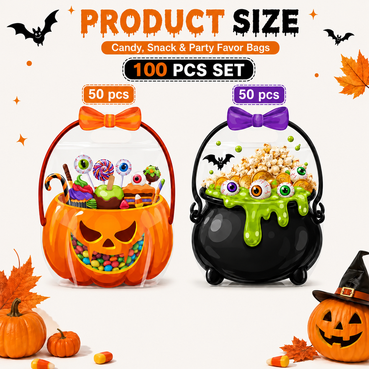 ๐50 Pcs Halloween Goodie Bags Plastic Candy Bag