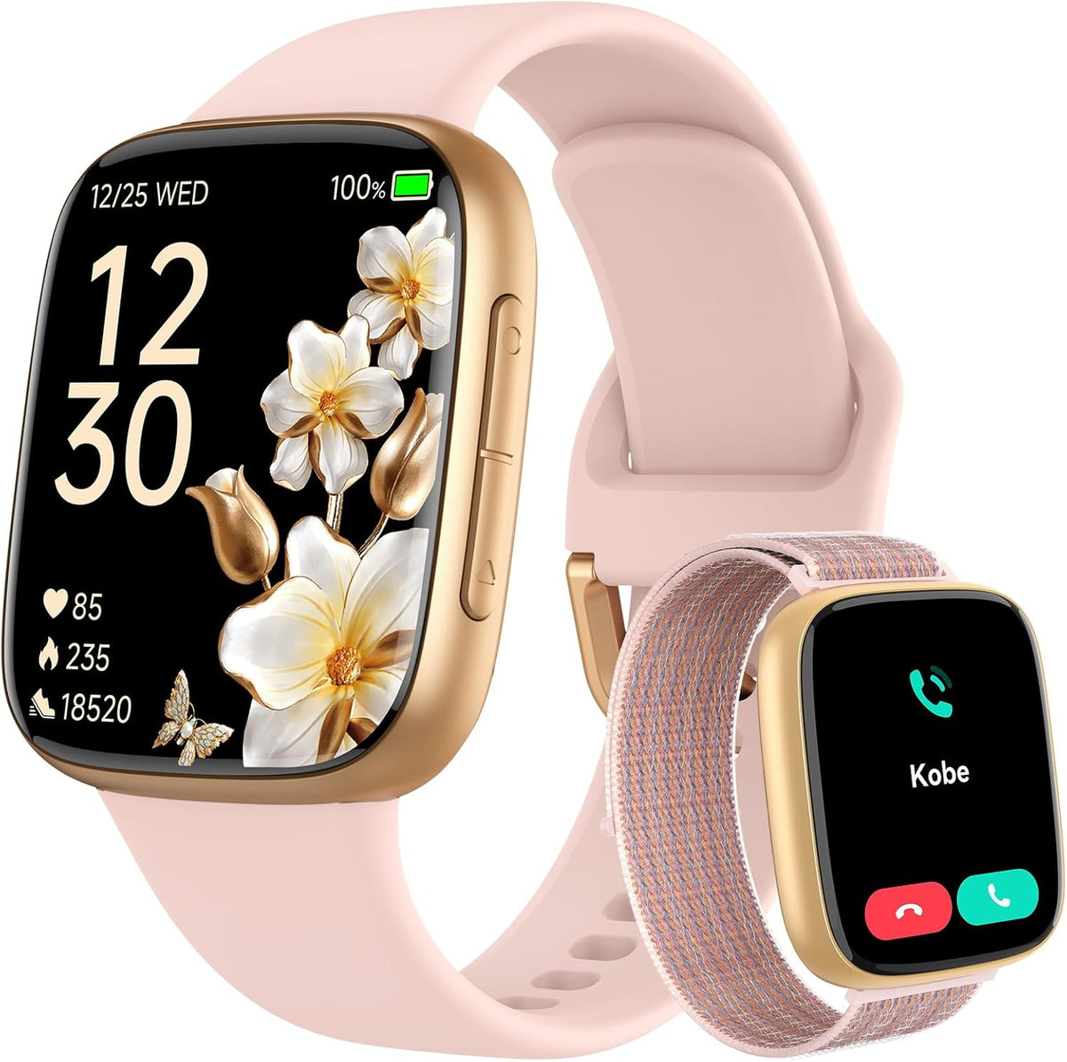 Smart Watch: 1.85" AMOLED CallAnswer, Heart Rate/SpO2, 100+ Sports,3ATM Waterproof, 2 Bands
