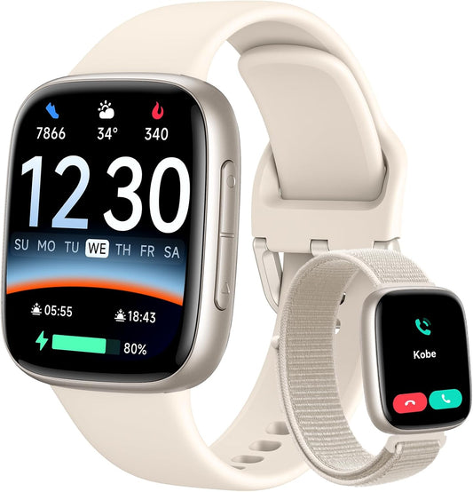 Smart Watch: 1.85" AMOLED CallAnswer, Heart Rate/SpO2, 100+ Sports,3ATM Waterproof, 2 Bands